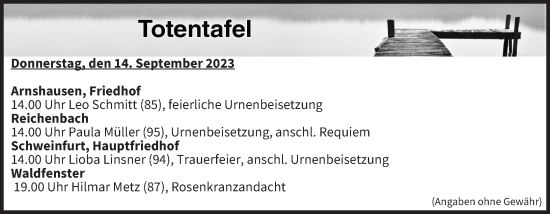 Anzeige von Totentafel vom 14.09.2023 von MGO