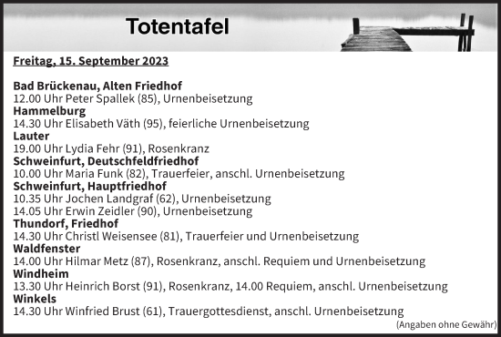 Anzeige von Totentafel vom 15.09.2023 von MGO