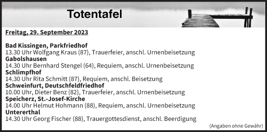 Anzeige von Totentafel vom 29.09.2023 von MGO