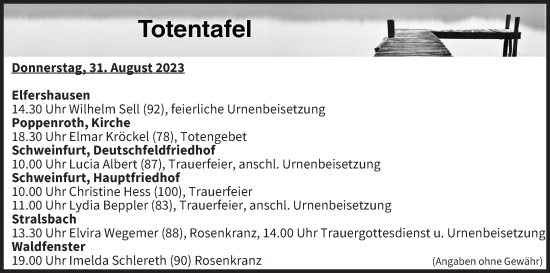 Anzeige von Totentafel vom 31.08.2023 von MGO
