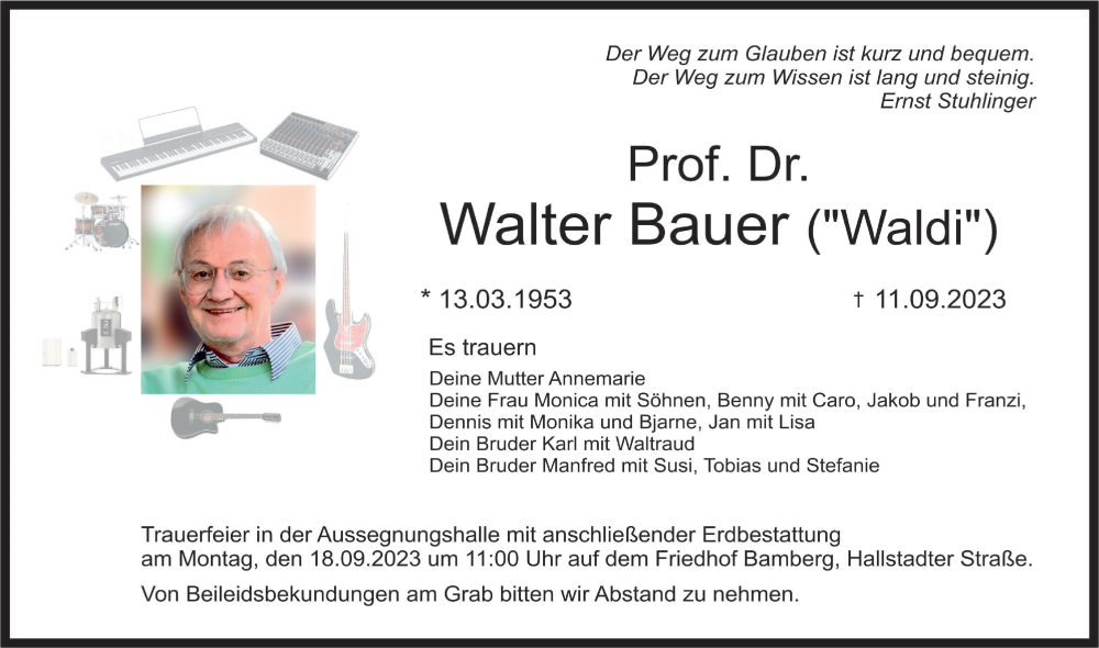  Traueranzeige für Walter Bauer vom 15.09.2023 aus MGO