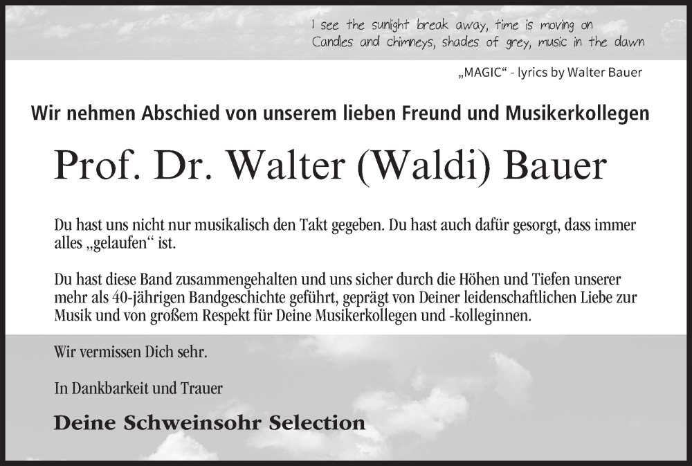  Traueranzeige für Walter Bauer vom 16.09.2023 aus MGO