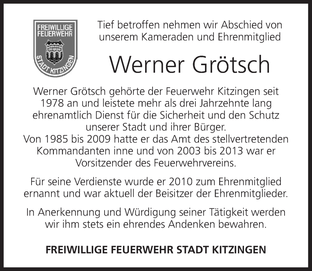  Traueranzeige für Werner Grötsch vom 16.09.2023 aus MGO