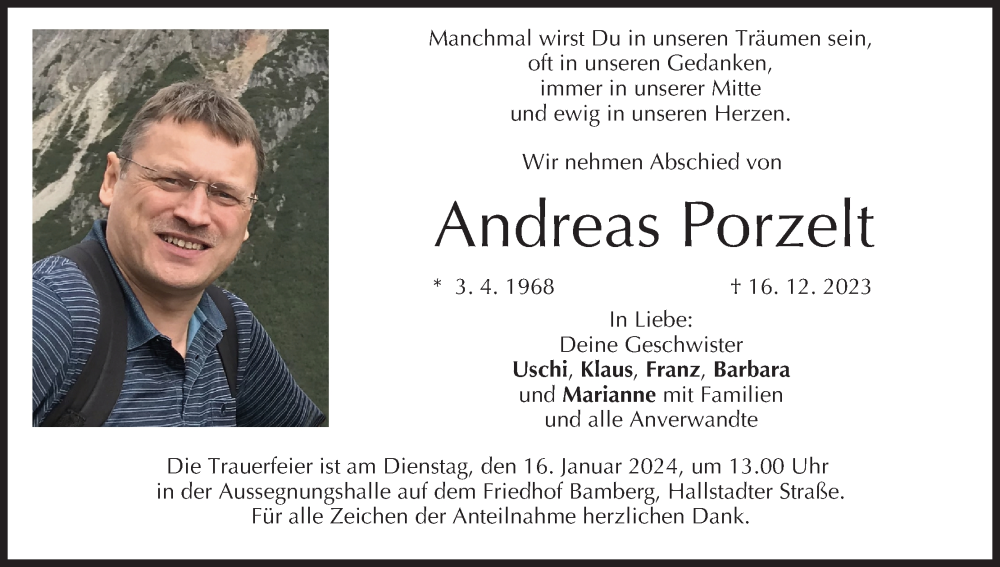  Traueranzeige für Andreas Porzelt vom 13.01.2024 aus MGO