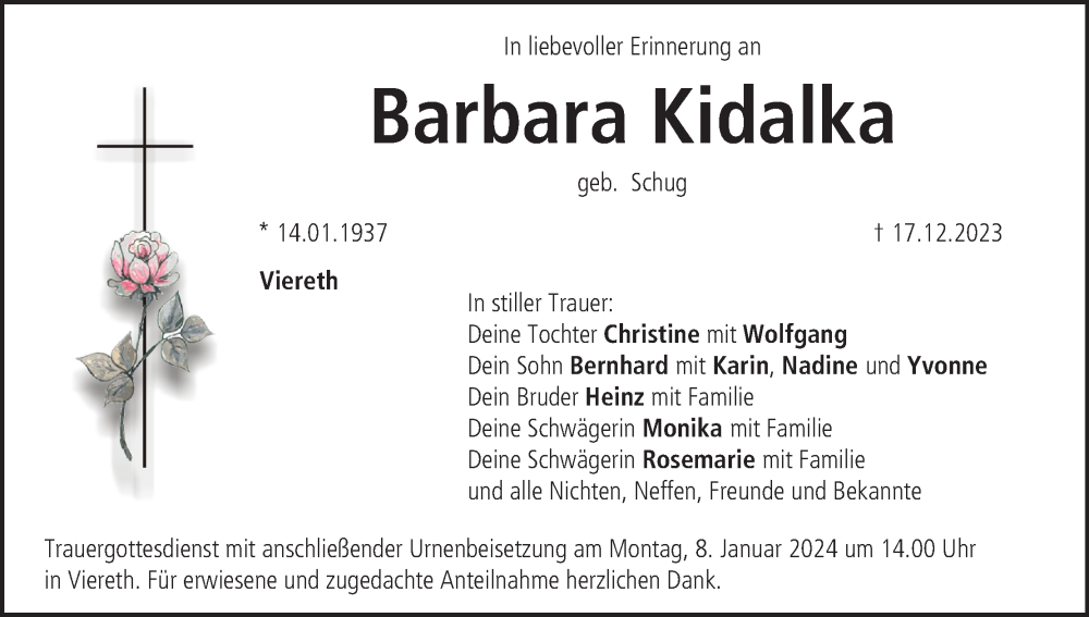  Traueranzeige für Barbara Kidalka vom 04.01.2024 aus MGO