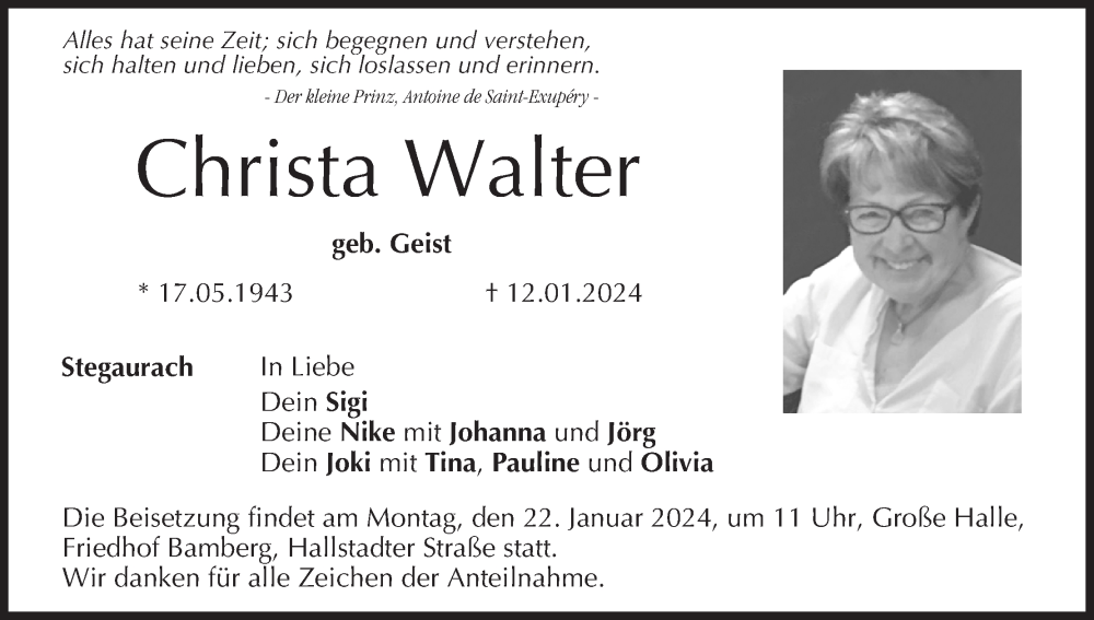  Traueranzeige für Christa Walter vom 20.01.2024 aus MGO