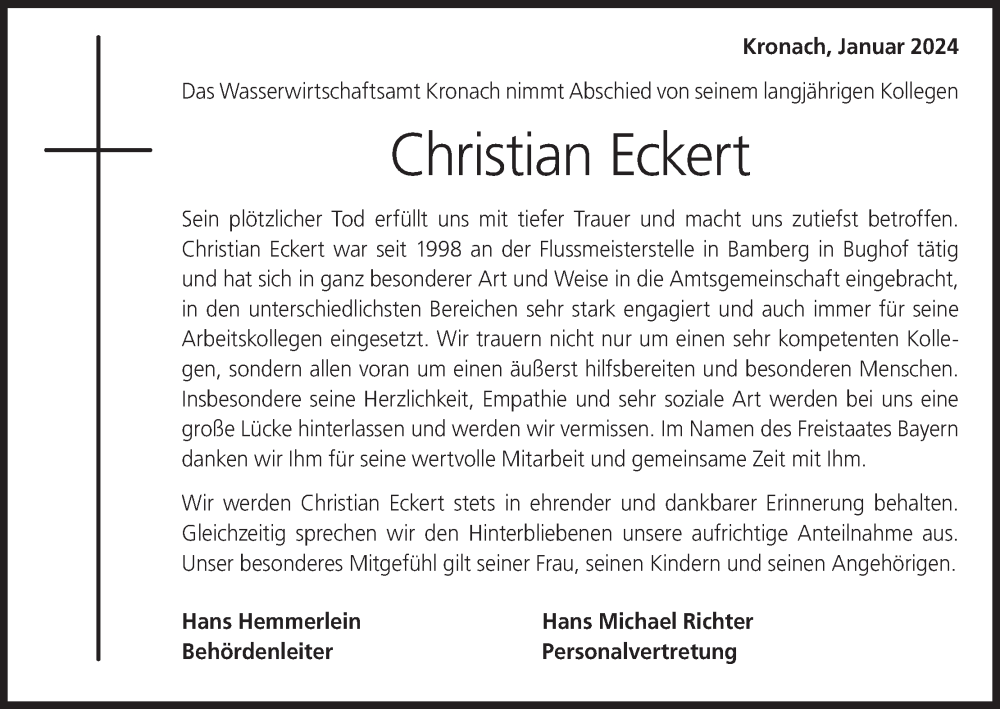  Traueranzeige für Christian Eckert vom 13.01.2024 aus MGO