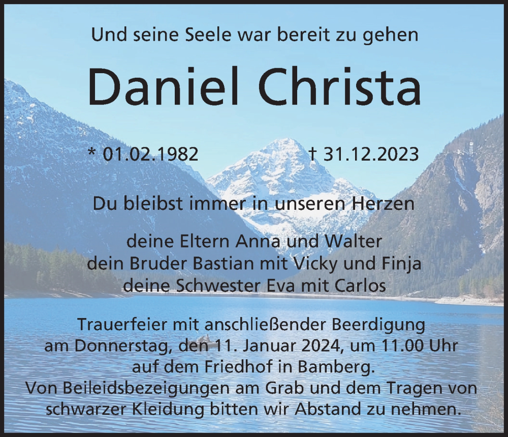  Traueranzeige für Daniel Christa vom 08.01.2024 aus MGO