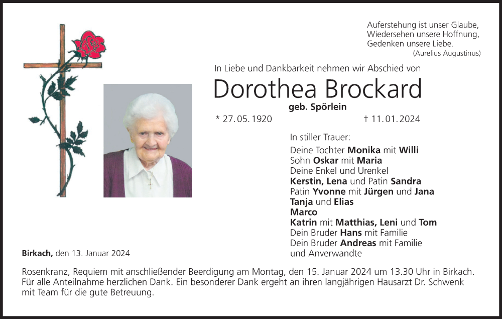  Traueranzeige für Dorothea Brockard vom 13.01.2024 aus MGO