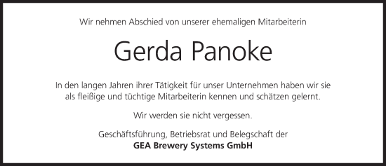 Anzeige von Gerda Panoke von MGO