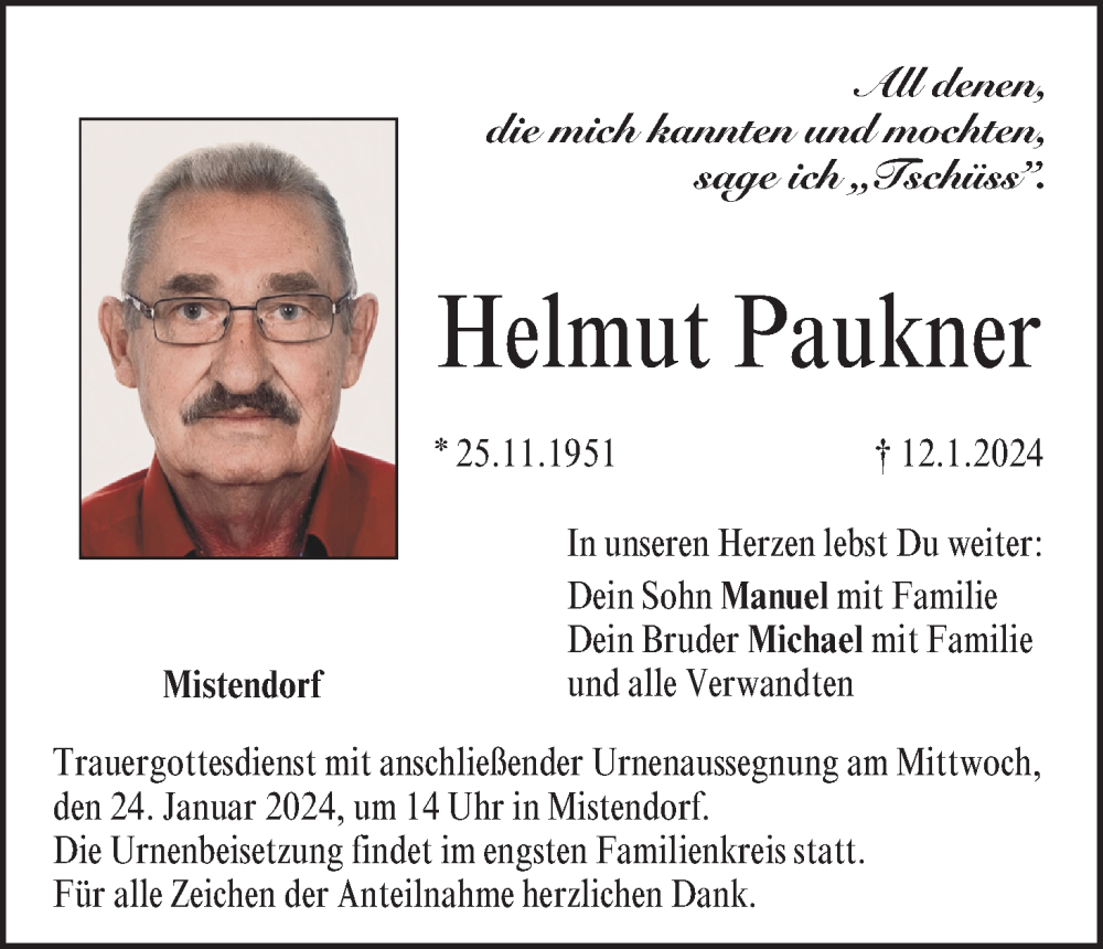  Traueranzeige für Helmut Paukner vom 20.01.2024 aus MGO