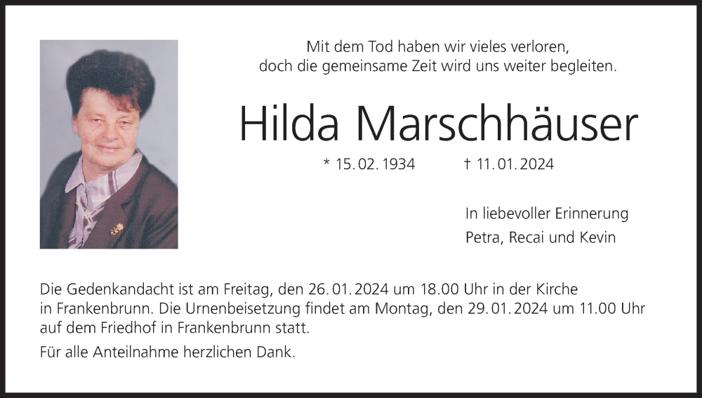  Traueranzeige für Hilda Marschhäuser vom 20.01.2024 aus MGO