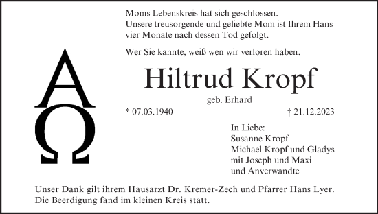 Anzeige von Hiltrud Kropf von MGO