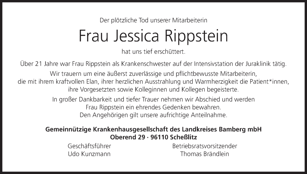  Traueranzeige für Jessica Rippstein vom 05.01.2024 aus MGO