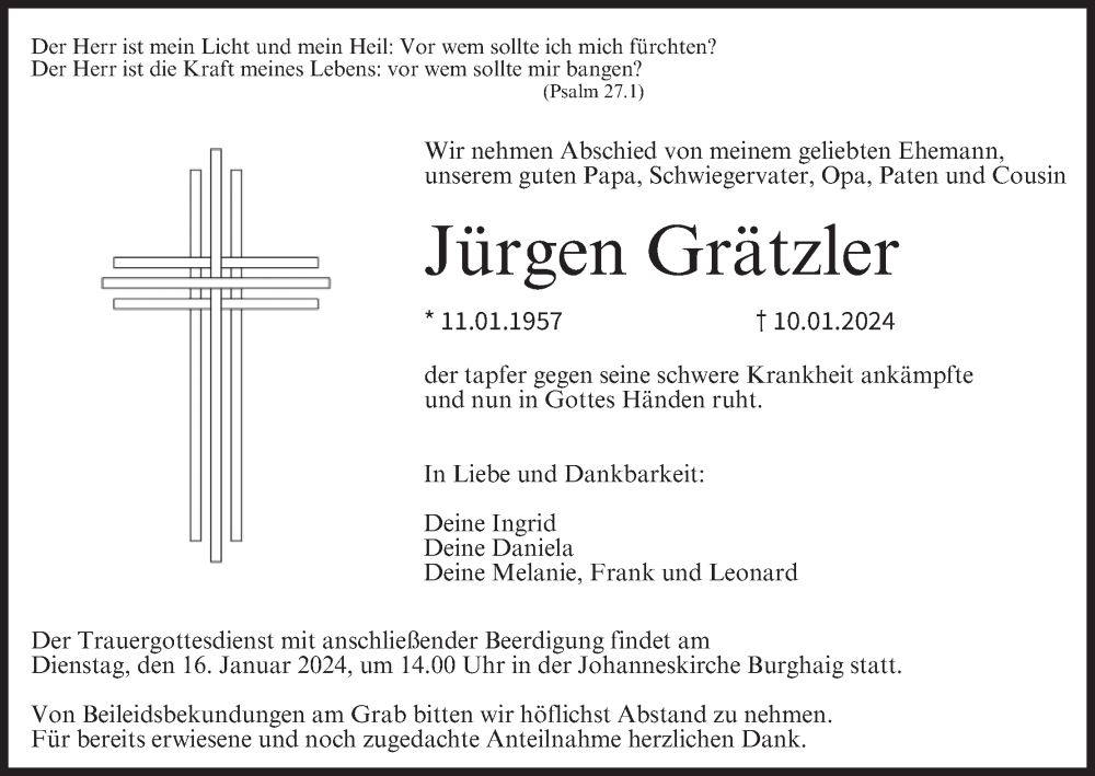  Traueranzeige für Jürgen Grätzler vom 13.01.2024 aus MGO