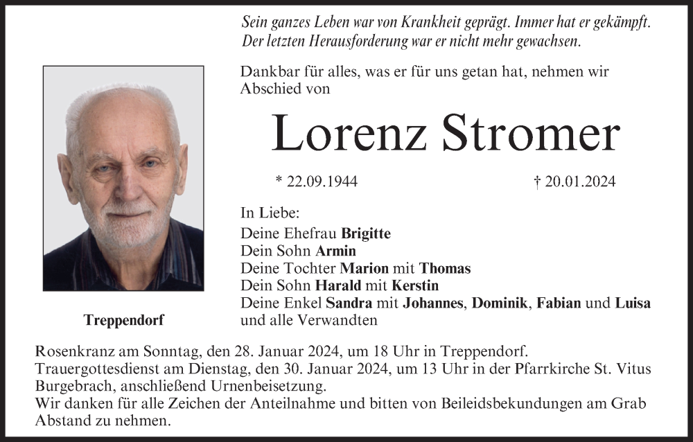  Traueranzeige für Lorenz Stromer vom 27.01.2024 aus MGO