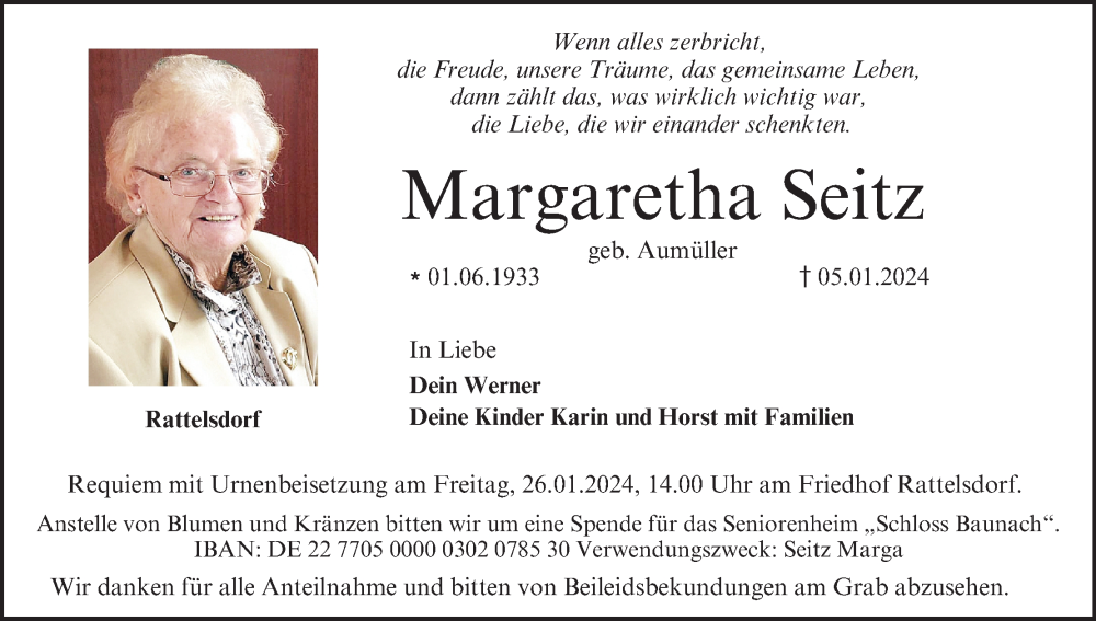  Traueranzeige für Margaretha Seitz vom 20.01.2024 aus MGO