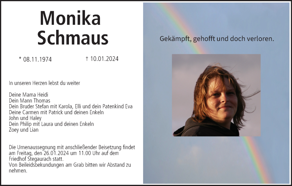  Traueranzeige für Monika Schmaus vom 20.01.2024 aus MGO