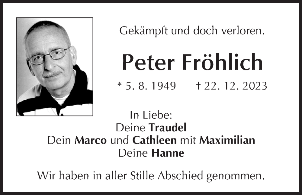  Traueranzeige für Peter Fröhlich vom 20.01.2024 aus MGO