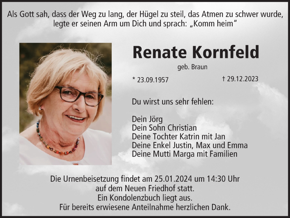  Traueranzeige für Renate Kornfeld vom 20.01.2024 aus MGO