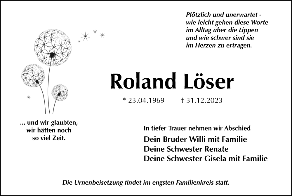  Traueranzeige für Roland Löser vom 20.01.2024 aus MGO