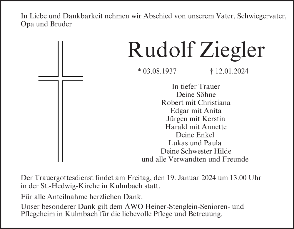  Traueranzeige für Rudolf Ziegler vom 17.01.2024 aus MGO