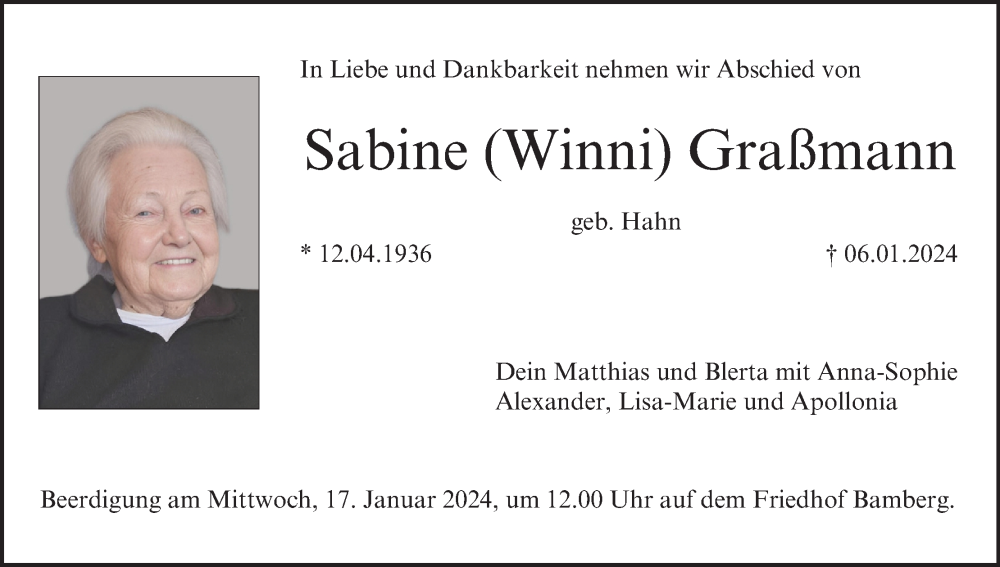  Traueranzeige für Sabine Graßmann vom 13.01.2024 aus MGO