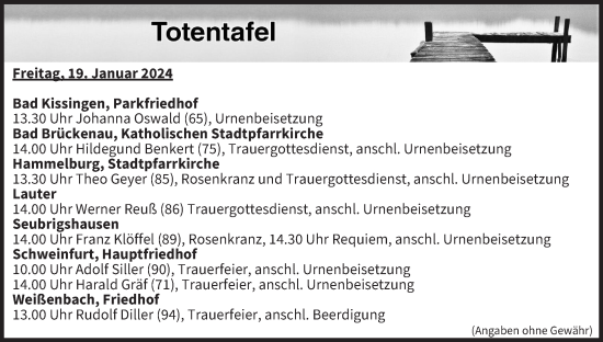 Anzeige von Totentafel vom 19.01.2024 von MGO