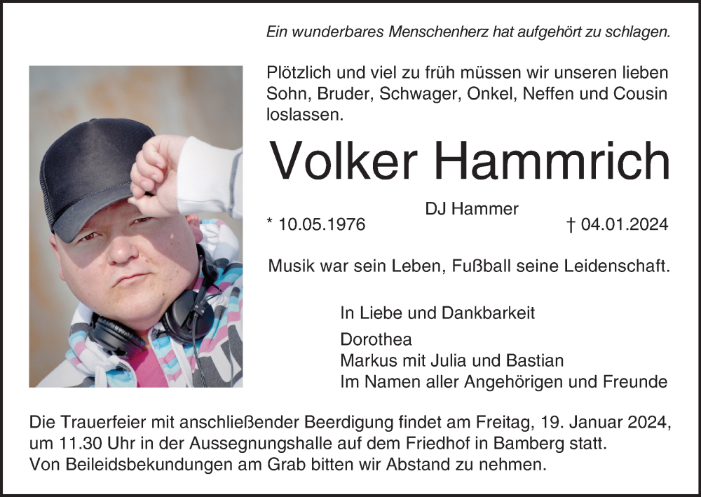 Traueranzeige für Volker Hammrich vom 13.01.2024 aus MGO