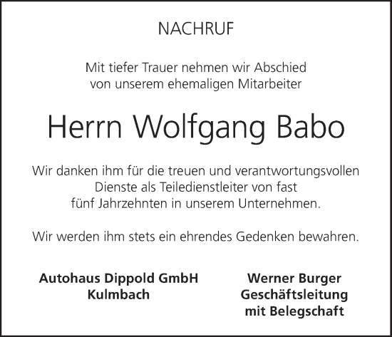 Anzeige von Wolfgang Babo von MGO