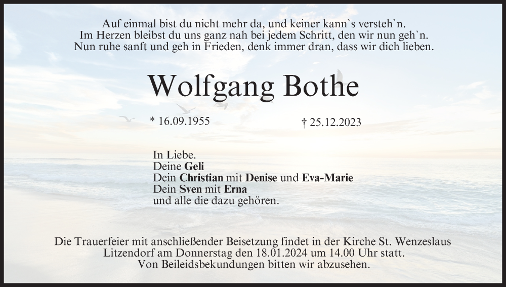  Traueranzeige für Wolfgang Bothe vom 13.01.2024 aus MGO