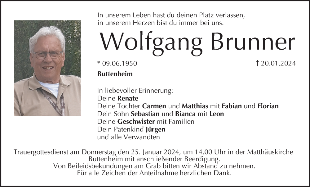  Traueranzeige für Wolfgang Brunner vom 23.01.2024 aus MGO