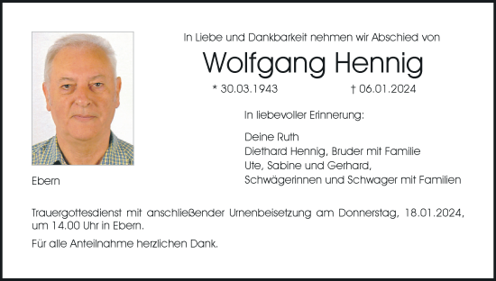 Anzeige von Wolfgang Hennig von MGO