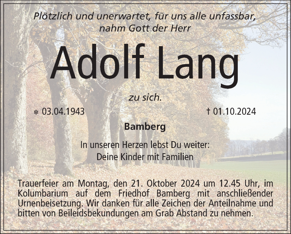  Traueranzeige für Adolf Lang vom 19.10.2024 aus MGO