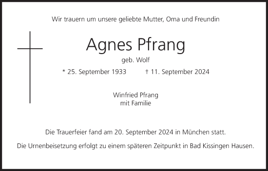 Traueranzeige von Agnes Pfrang