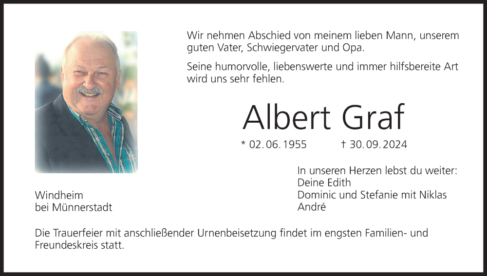  Traueranzeige für Albert Graf vom 05.10.2024 aus MGO