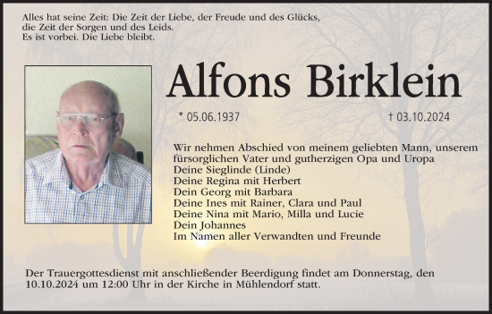 Anzeige von Alfons Birklein von MGO