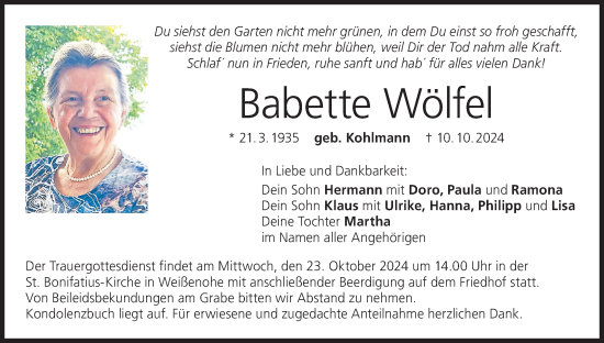 Anzeige von Babette Wölfel von MGO