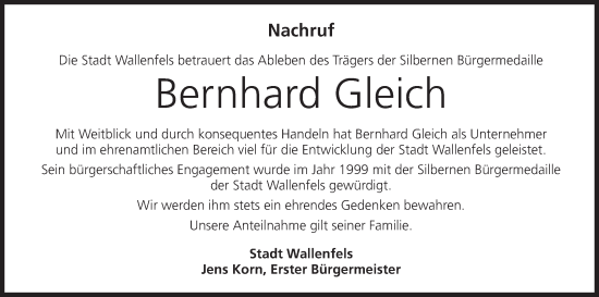 Anzeige von Bernhard Gleich von MGO