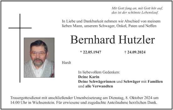 Anzeige von Bernhard Hutzler von MGO