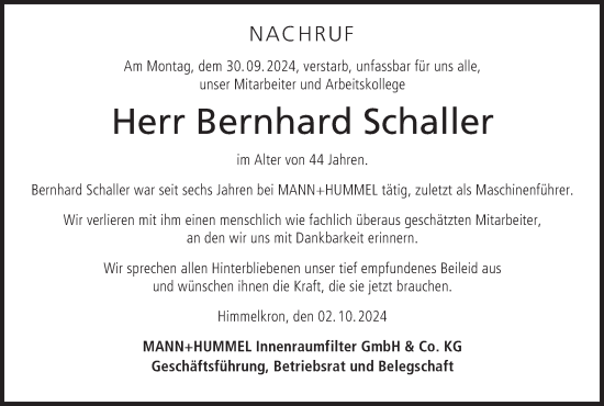 Anzeige von Bernhard Schaller von MGO