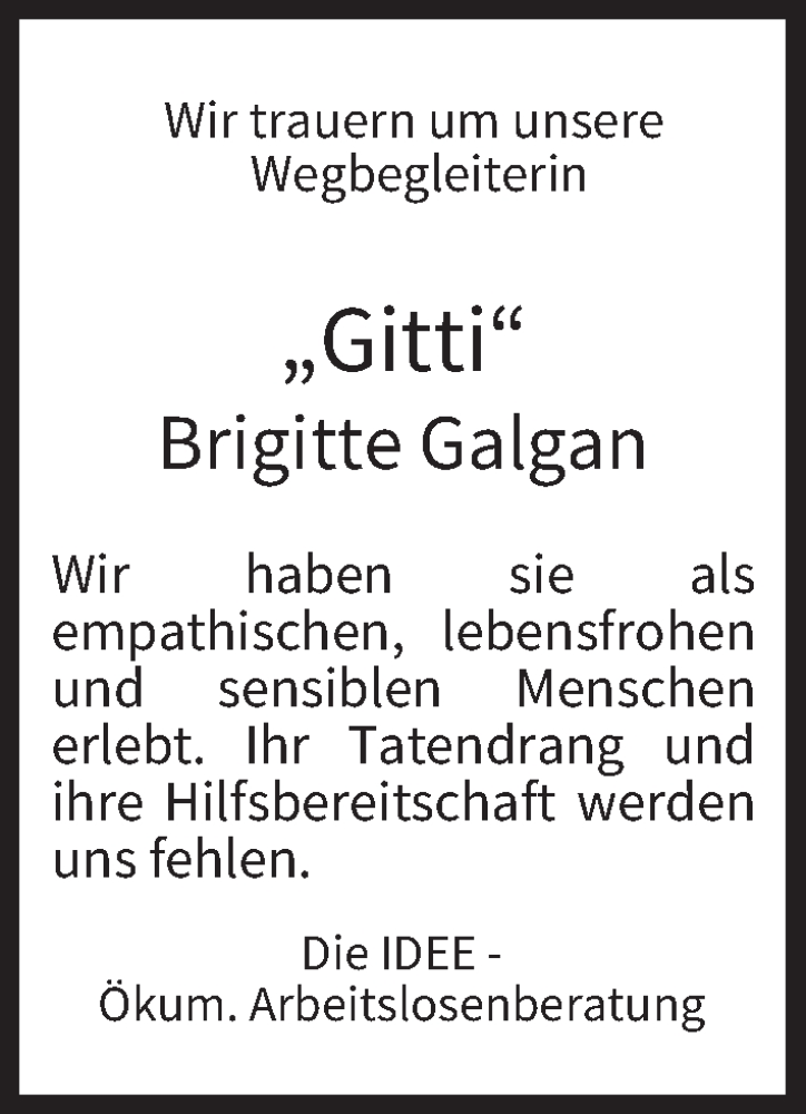  Traueranzeige für Brigitte Galgan vom 12.10.2024 aus MGO