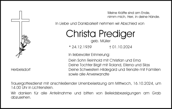 Anzeige von Christa Prediger von MGO