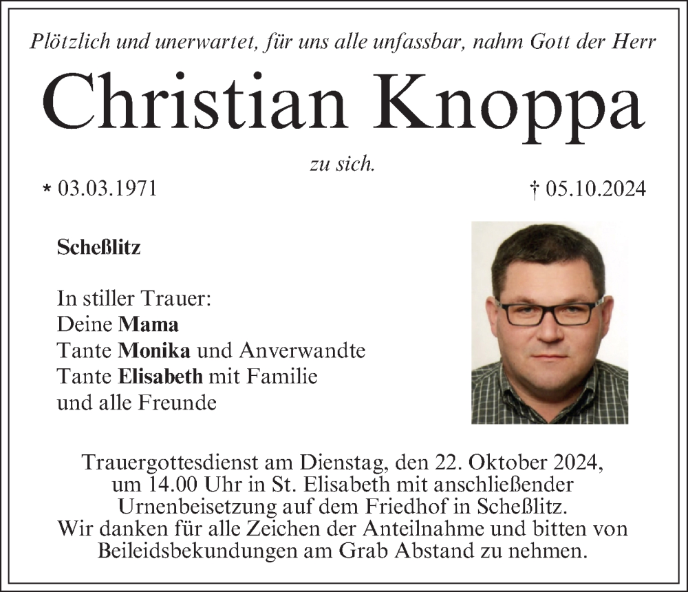  Traueranzeige für Christian Knoppa vom 19.10.2024 aus MGO