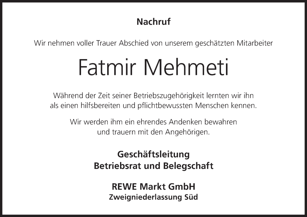  Traueranzeige für Fatmir Mehmeti vom 12.10.2024 aus MGO