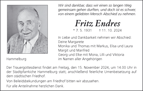 Anzeige von Fritz Endres von MGO