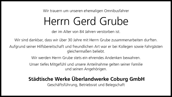 Anzeige von Gerd Grube von MGO