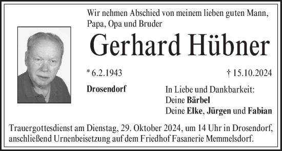 Anzeige von Gerhard Hübner von MGO