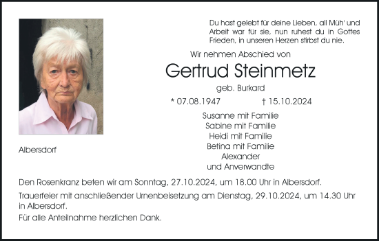 Anzeige von Gertrud Steinmetz von MGO