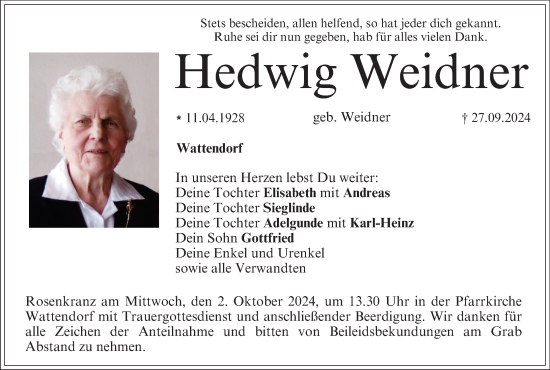 Anzeige von Hedwig Weidner von MGO